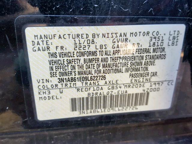 3N1AB61E09L622726 - 2009 NISSAN SENTRA 2.0 BLACK photo 10