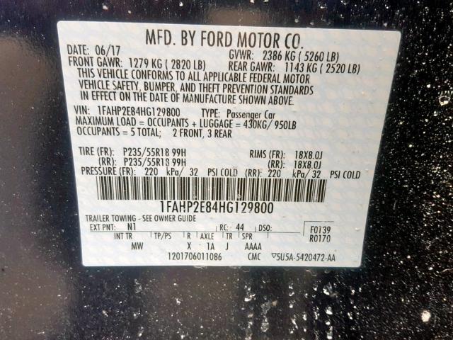 1FAHP2E84HG129800 - 2017 FORD TAURUS SEL BLUE photo 10