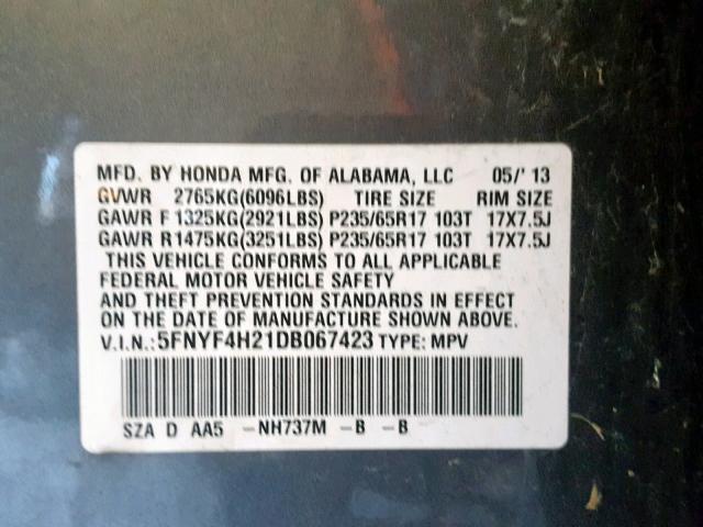 5FNYF4H21DB067423 - 2013 HONDA PILOT LX GRAY photo 10