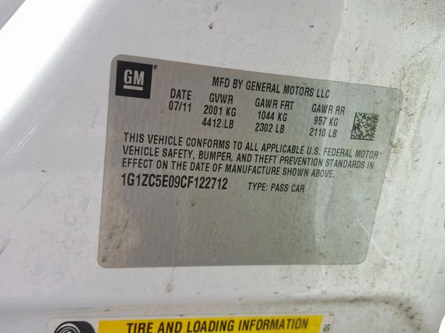 1G1ZC5E09CF122712 - 2012 CHEVROLET MALIBU 1LT თეთრი ფოტო 10