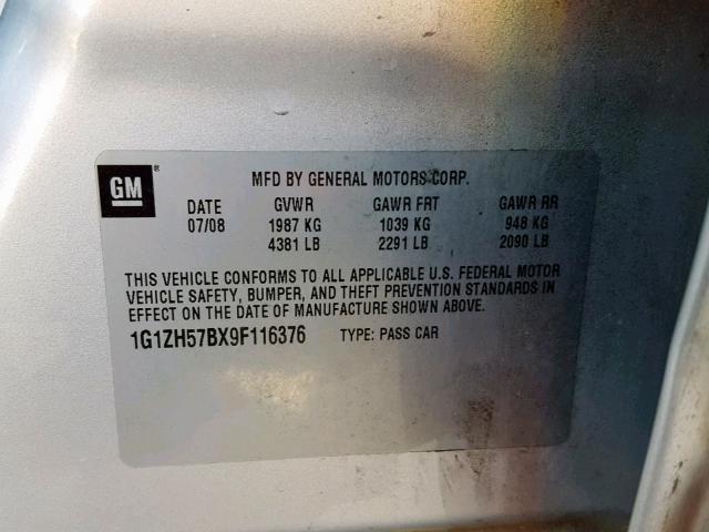 1G1ZH57BX9F116376 - 2009 CHEVROLET MALIBU 1LT 银色 照片 10