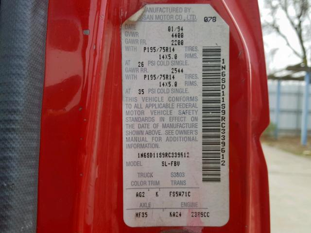 1N6SD11S9RC339612 - 1994 NISSAN TRUCK BASE RED photo 10