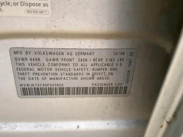 WVWJK73C99P043625 - 2009 VOLKSWAGEN PASSAT TUR SILVER photo 10