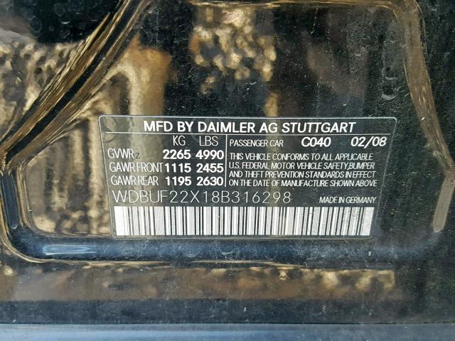 WDBUF22X18B316298 - 2008 MERCEDES-BENZ E 320 CDI BLACK photo 10