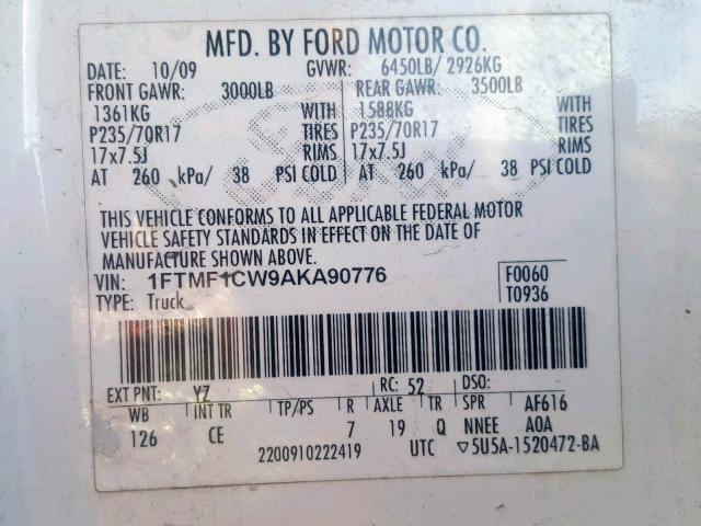 1FTMF1CW9AKA90776 - 2010 FORD F150 WHITE photo 10