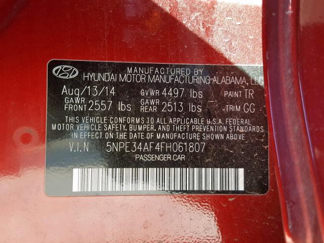 5NPE34AF4FH061807 - 2015 HYUNDAI SONATA SPO RED photo 10