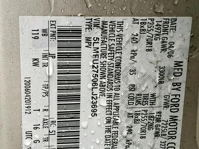 5LMFU27506LJ23695 - 2006 LINCOLN NAVIGATOR Boz foto 10