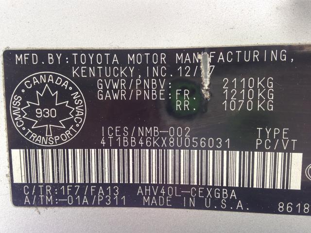 4T1BB46KX8U056031 - 2008 TOYOTA CAMRY HYBR SILVER photo 9