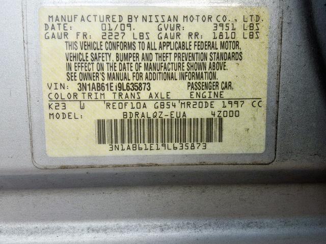 3N1AB61E19L635873 - 2009 NISSAN SENTRA 2.0 SILVER photo 10