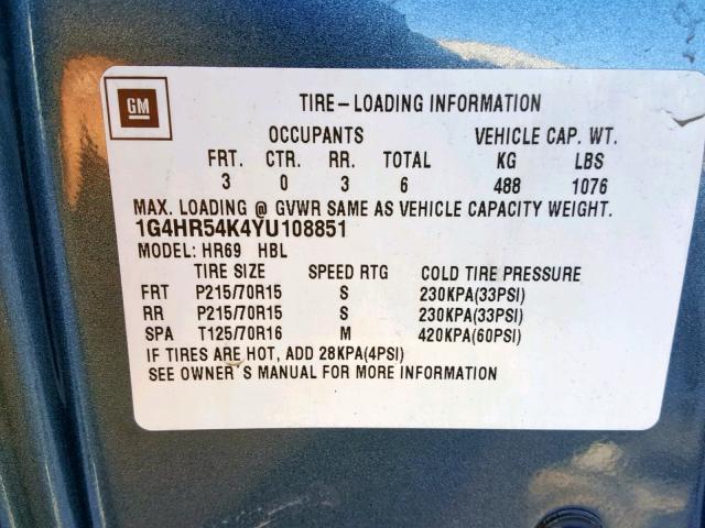 1G4HR54K4YU108851 - 2000 BUICK LESABRE LI BLUE photo 10