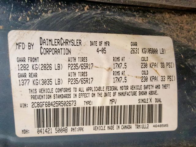 2C8GF68425R502673 - 2005 CHRYSLER PACIFICA T TWO TONE photo 10