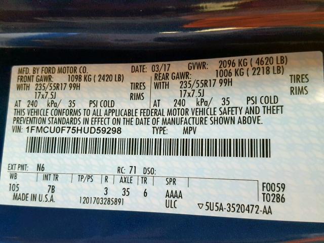 1FMCU0F75HUD59298 - 2017 FORD ESCAPE S BLUE photo 10