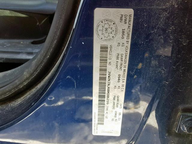 3VW2K7AJ6BM385239 - 2011 VOLKSWAGEN JETTA BASE BLUE photo 10