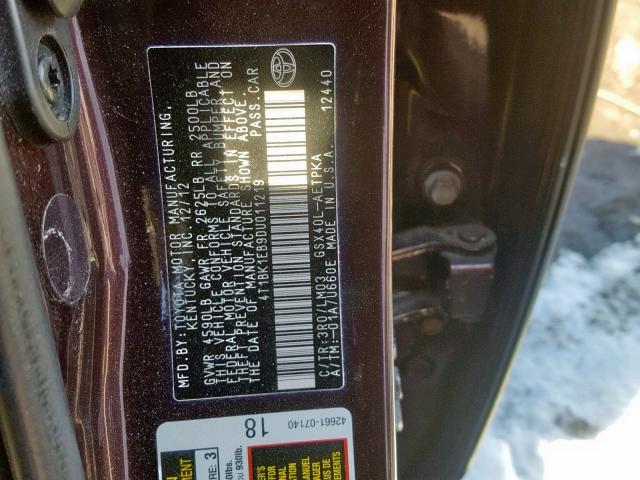 4T1BK1EB9DU011219 - 2013 TOYOTA AVALON BAS MAROON photo 10