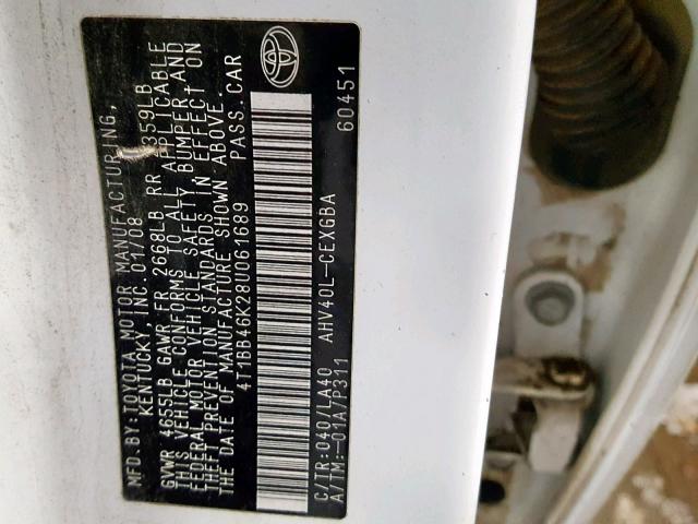 4T1BB46K28U061689 - 2008 TOYOTA CAMRY HYBR WHITE photo 10