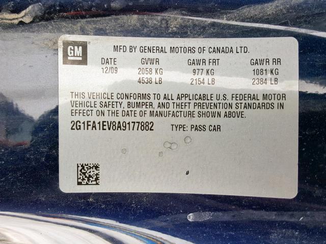 2G1FA1EV8A9177882 - 2010 CHEVROLET CAMARO LS BLUE photo 10