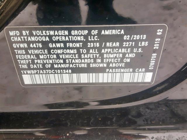 1VWBP7A37DC101348 - 2013 VOLKSWAGEN PASSAT SE BLACK photo 10