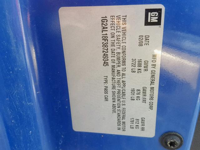 1G2AL18F387249345 - 2008 PONTIAC G5 BLUE photo 10