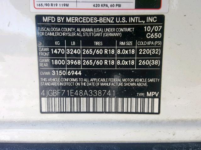 4JGBF71E48A338741 - 2008 MERCEDES-BENZ GL 450 4MA WHITE photo 10