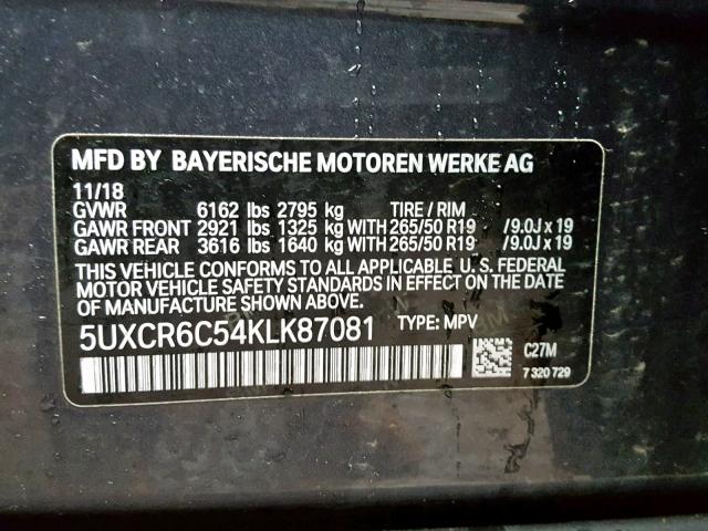 5UXCR6C54KLK87081 - 2019 BMW X5 XDRIVE4 BLUE photo 10