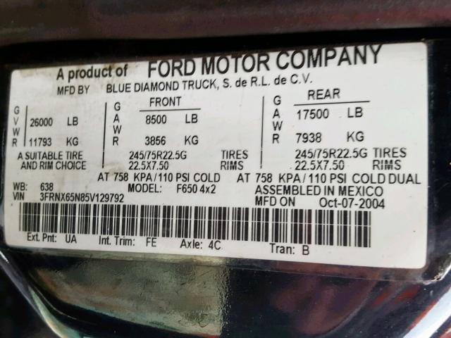 3FRNX65N85V129792 - 2005 FORD F650 SUPER BLACK photo 10