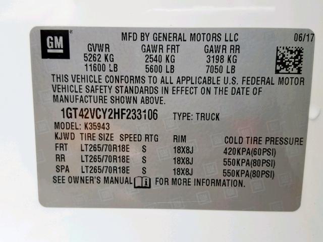 1GT42VCY2HF233106 - 2017 GMC SIERRA K35 WHITE photo 10