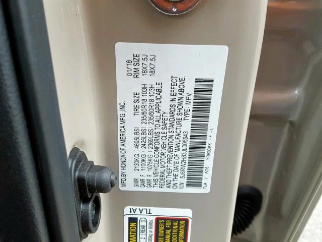 5J6RW2H83JL006543 - 2018 HONDA CR-V EXL TAN photo 10