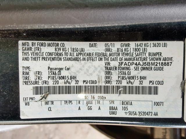 3FADP4AJ5BM218887 - 2011 FORD FIESTA S GRAY photo 10