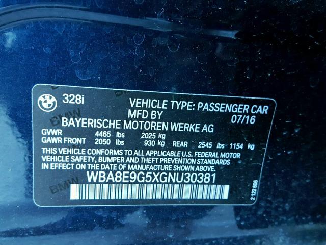 WBA8E9G5XGNU30381 - 2016 BMW 328 I SULE BLUE photo 10