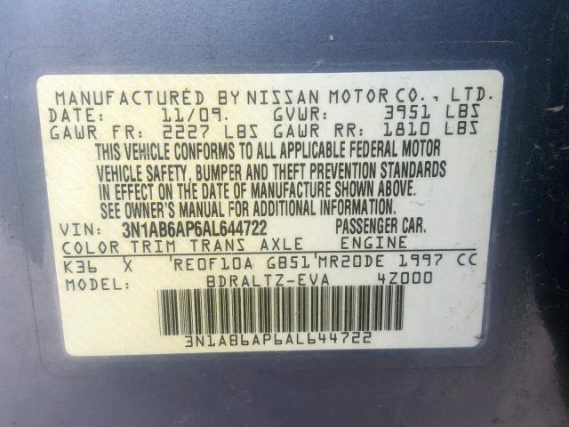 3N1AB6AP6AL644722 - 2010 NISSAN SENTRA 2.0 GRAY photo 10