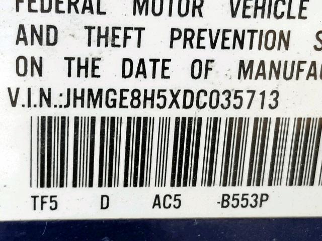 JHMGE8H5XDC035713 - 2013 HONDA FIT SPORT BLUE photo 10