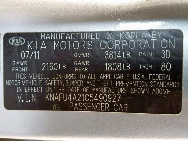 KNAFU4A21C5490927 - 2012 KIA FORTE EX SILVER photo 10