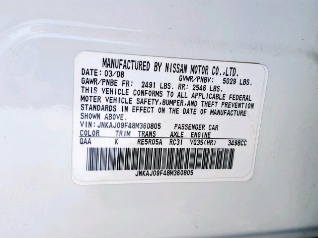 JNKAJ09F48M360805 - 2008 INFINITI EX35 BASE WHITE photo 10