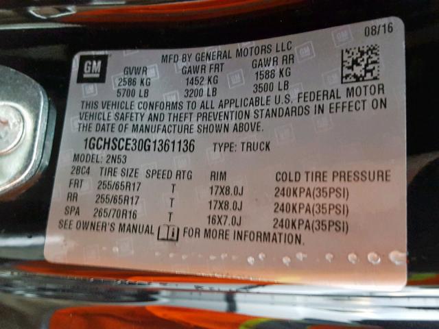 1GCHSCE30G1361136 - 2016 CHEVROLET COLORADO L BLACK photo 10