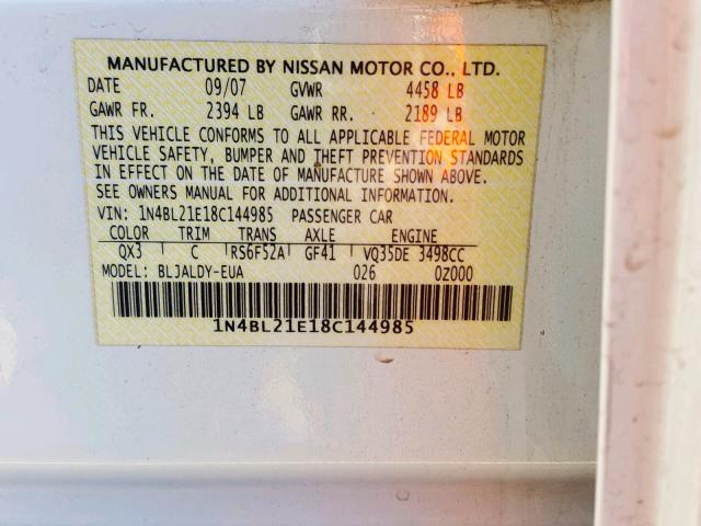 1N4BL21E18C144985 - 2008 NISSAN ALTIMA 3.5 WHITE photo 10