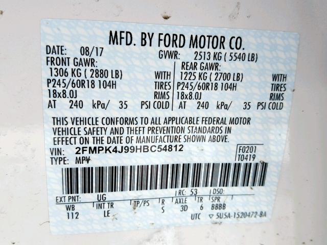 2FMPK4J99HBC54812 - 2017 FORD EDGE SEL WHITE photo 10