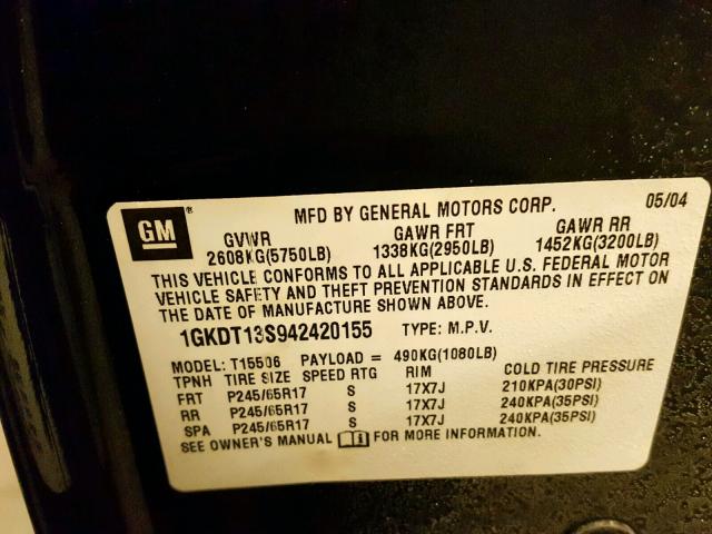 1GKDT13S942420155 - 2004 GMC ENVOY CHARCOAL photo 10