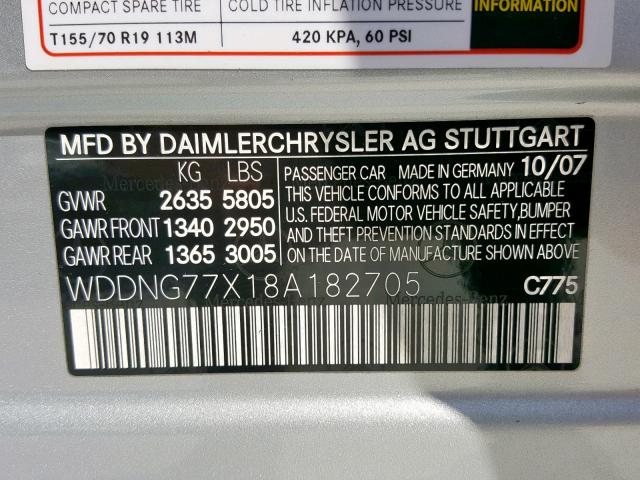 WDDNG77X18A182705 - 2008 MERCEDES-BENZ S 63 AMG SILVER photo 10