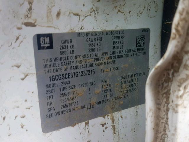 1GCGSCE37G1237215 - 2016 CHEVROLET COLORADO L WHITE photo 10