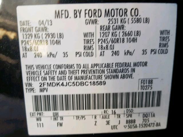 2FMDK4JC5DBC18589 - 2013 FORD EDGE SEL BLACK photo 10