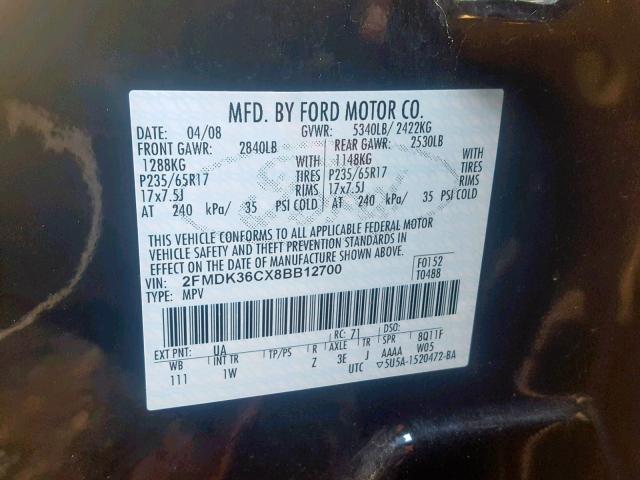 2FMDK36CX8BB12700 - 2008 FORD EDGE SE BLACK photo 10