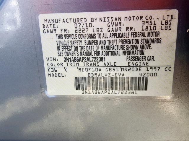 3N1AB6AP2AL722381 - 2010 NISSAN SENTRA 2.0 GRAY photo 10