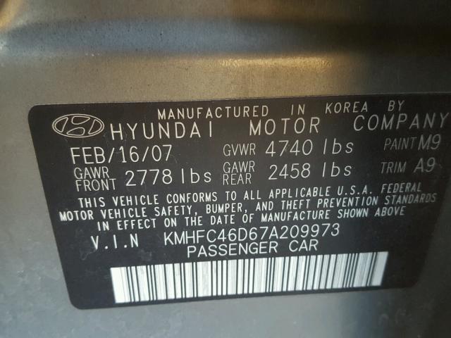 KMHFC46D67A209973 - 2007 HYUNDAI AZERA GLS GRAY photo 10