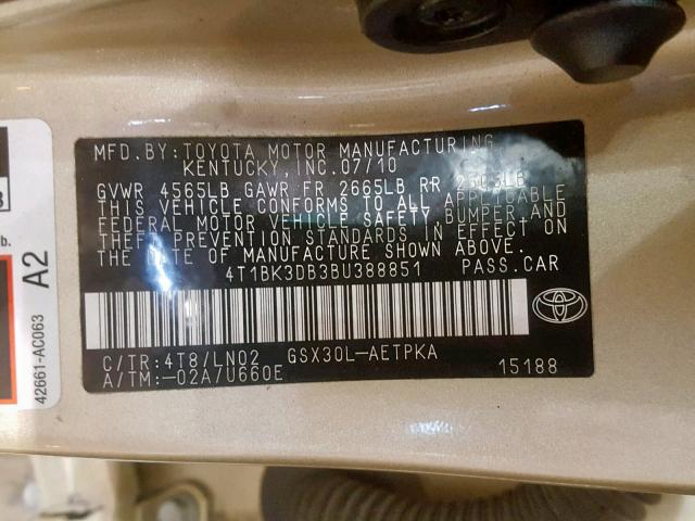 4T1BK3DB3BU388851 - 2011 TOYOTA AVALON BAS GOLD photo 10