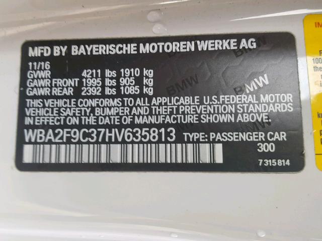 WBA2F9C37HV635813 - 2017 BMW 230I WHITE photo 10