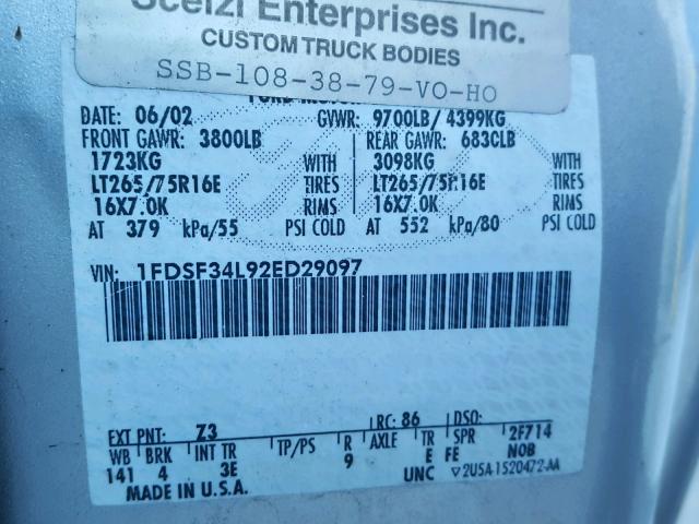 1FDSF34L92ED29097 - 2002 FORD F350 SRW S SILVER photo 10