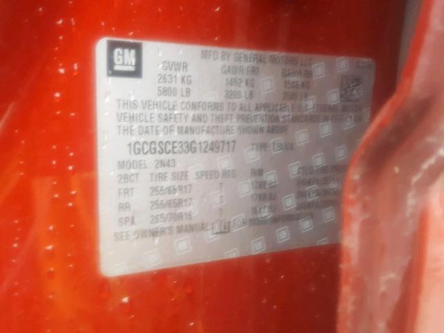 1GCGSCE33G1249717 - 2016 CHEVROLET COLORADO L ORANGE photo 10