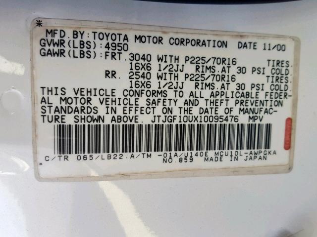 JTJGF10UX10095476 - 2001 LEXUS RX 300 WHITE photo 10