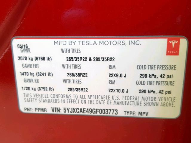 5YJXCAE49GF003773 - 2016 TESLA MODEL X RED photo 10