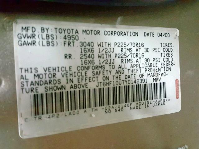 JT6HF10U7Y0142391 - 2000 LEXUS RX 300 GOLD photo 10